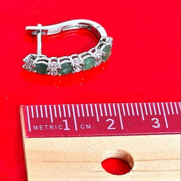925 Sterling Silver Earrings with Natural Emerald with CZ - Picture 4 of 7